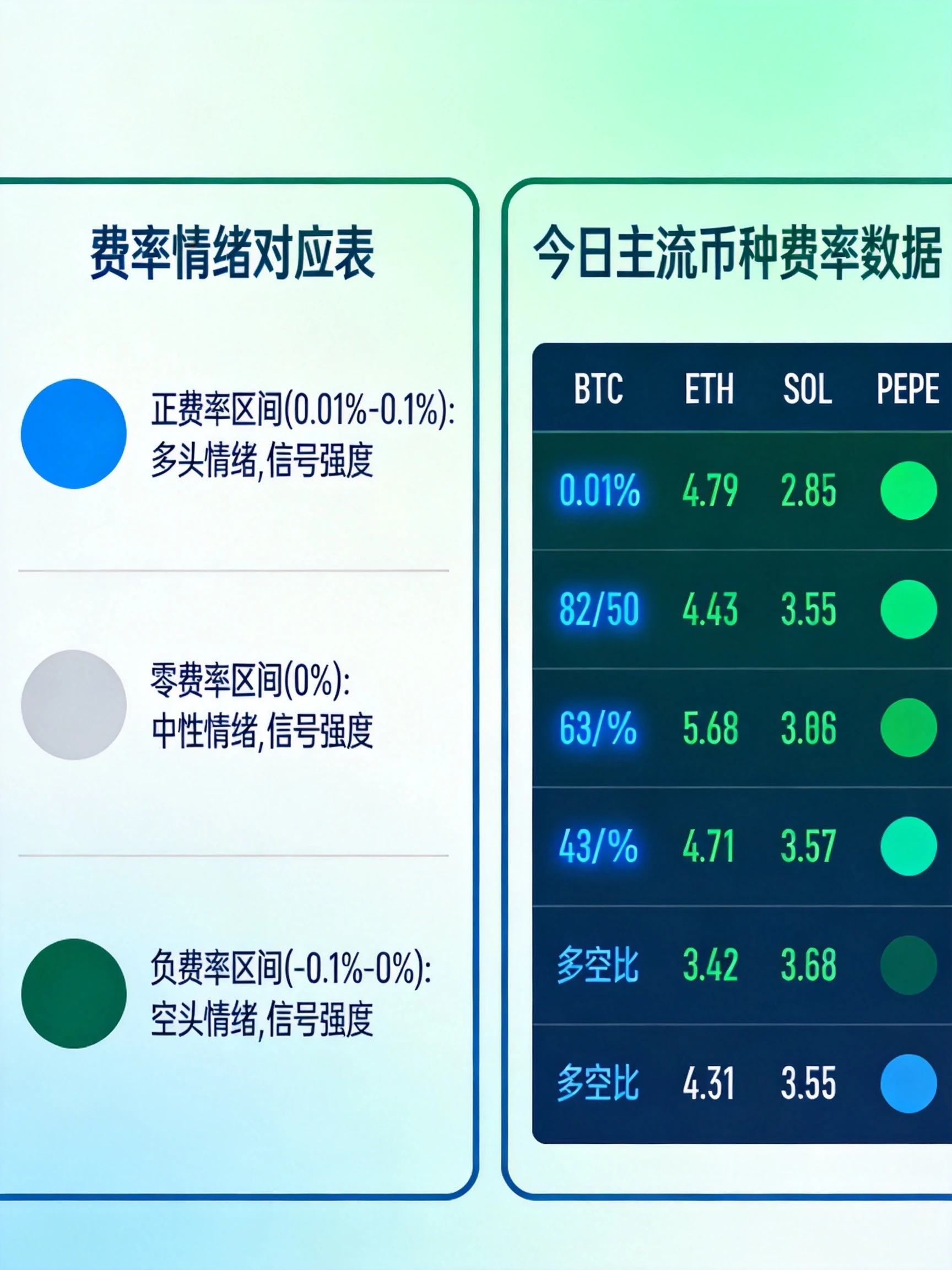 费率情绪对应与今日数据总览图,清晰呈现不同正负费率区间对应的多空情绪等级、信号强度,同时展示今日BTC、ETH、SOL、PEPE四个币种的实时费率、多空比和情绪判断,帮助读者快速掌握费率与情绪的对应关系及今日市场情况 费率情绪对应与今日数据总览图,清晰呈现不同正负费率区间对应的多空情绪等级、信号强度,同时展示今日BTC、ETH、SOL、PEPE四个币种的实时费率、多空比和情绪判断,帮助读者快速掌握费率与情绪的对应关系及今日市场情况